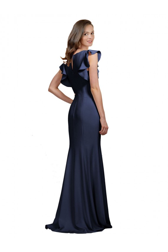 Bleu marine foncé Sirène Bateau Crêpe Stretch Longue Robes demoiselle d'honneur / Robes de bal Pas Cher