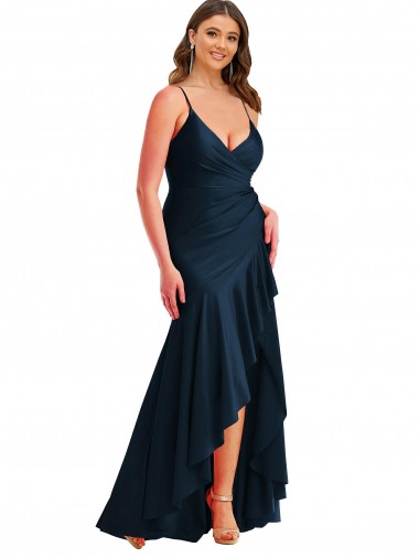 Bleu marine foncé Sirène Bretelles spaghetti Satiné Soyeux Longue Asymétrique Formelles Robes demoiselle d'honneur / Robes de soirée / Robes de bal Pas Cher