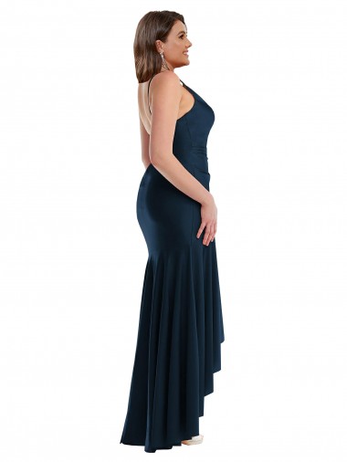 Bleu marine foncé Sirène Bretelles spaghetti Satiné Soyeux Longue Asymétrique Formelles Robes demoiselle d'honneur / Robes de soirée / Robes de bal