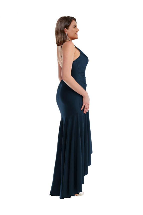 Bleu marine foncé Sirène Bretelles spaghetti Satiné Soyeux Longue Asymétrique Formelles Robes demoiselle d'honneur / Robes de soirée / Robes de bal Pas Cher