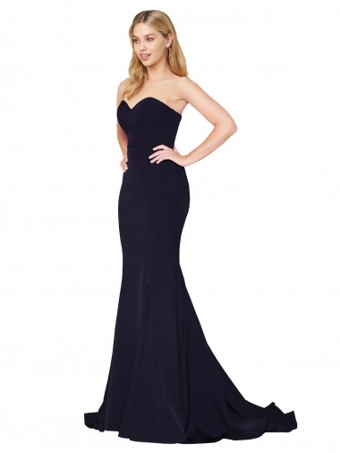 Bleu marine foncé Sirène Col Haut Balayage train Crêpe Stretch Longue Formelles Robes demoiselle d'honneur / Robes de soirée / Robes de bal Pas Cher