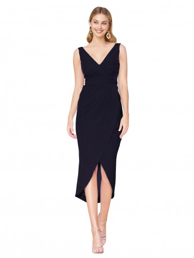 Bleu marine foncé Sirène Col V Crêpe Stretch Courte Asymétrique Robes demoiselle d'honneur / Robes de soirée / Robes de cocktail Pas Cher