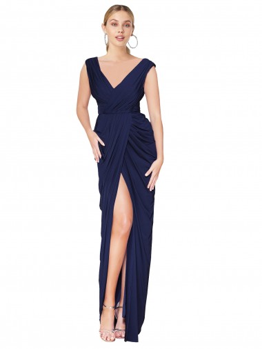 Bleu marine foncé Sirène Col V Mousseline Longue Formelles Robes demoiselle d'honneur / Robes de soirée / Robes de bal Pas Cher