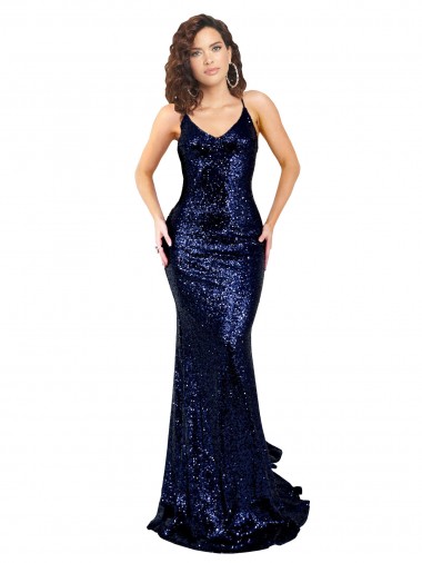 Bleu marine foncé Sirène Col V Paillette Longue Formelles Robes demoiselle d'honneur / Robes de soirée / Robes de bal Pas Cher