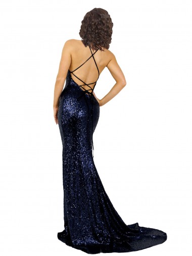 Bleu marine foncé Sirène Col V Paillette Longue Formelles Robes demoiselle d'honneur / Robes de soirée / Robes de bal