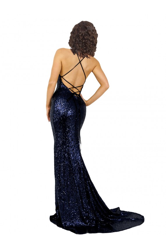 Bleu marine foncé Sirène Col V Paillette Longue Formelles Robes demoiselle d'honneur / Robes de soirée / Robes de bal Pas Cher