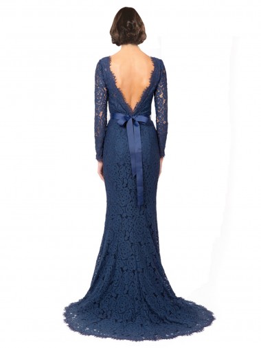 Bleu marine foncé Sirène Col bijou Balayage train Dentelle Longue Robes demoiselle d'honneur