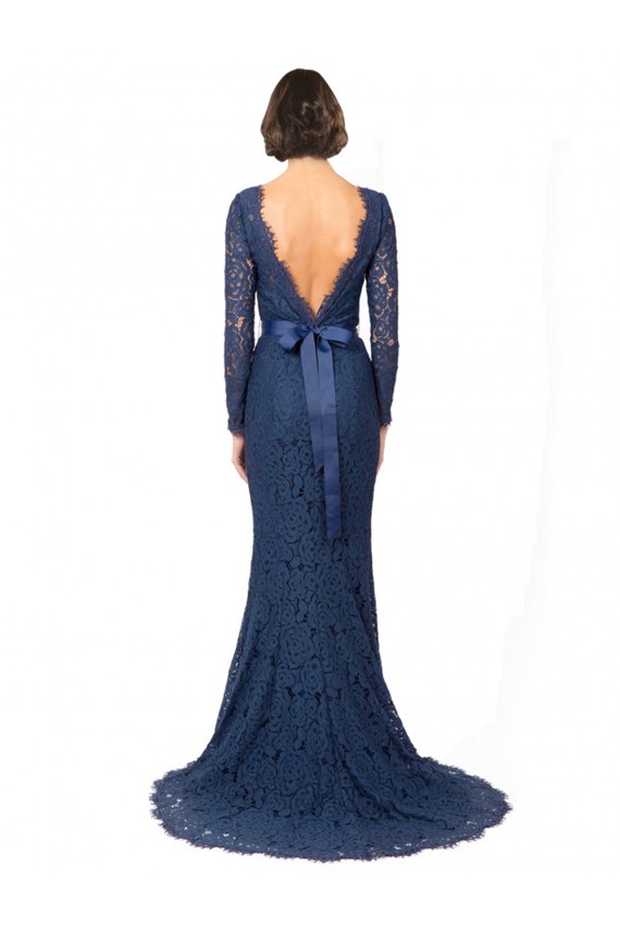 Bleu marine foncé Sirène Col bijou Balayage train Dentelle Longue Robes demoiselle d'honneur Pas Cher