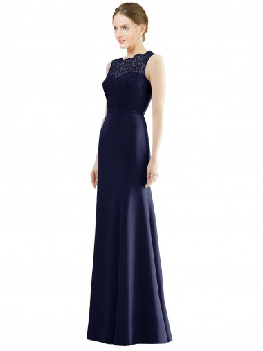 Bleu marine foncé Sirène Illusion Mousseline Dentelle Longue Robes demoiselle d'honneur Pas Cher