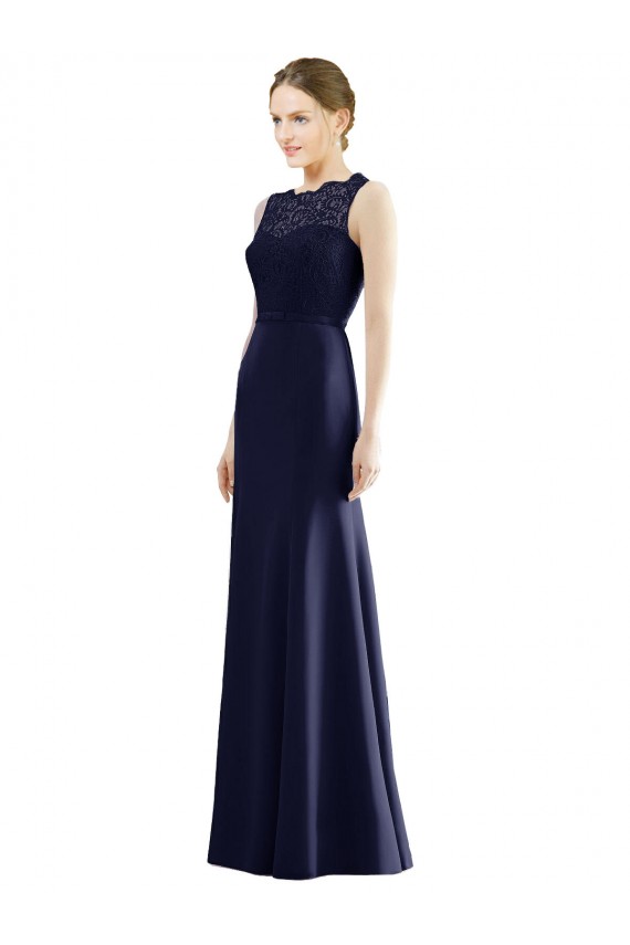 Bleu marine foncé Sirène Illusion Mousseline Dentelle Longue Robes demoiselle d'honneur Pas Cher