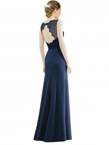 Bleu marine foncé Sirène Illusion Mousseline Dentelle Longue Robes demoiselle d'honneur