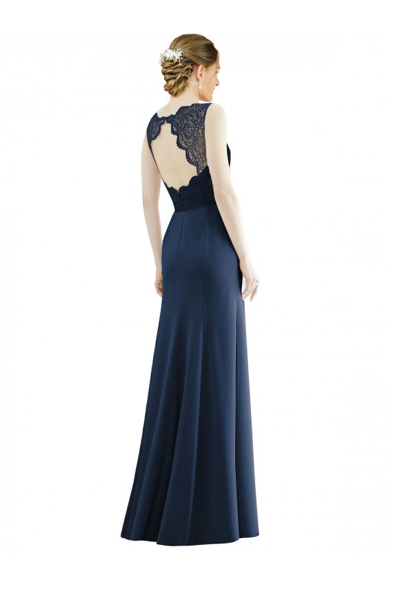 Bleu marine foncé Sirène Illusion Mousseline Dentelle Longue Robes demoiselle d'honneur Pas Cher