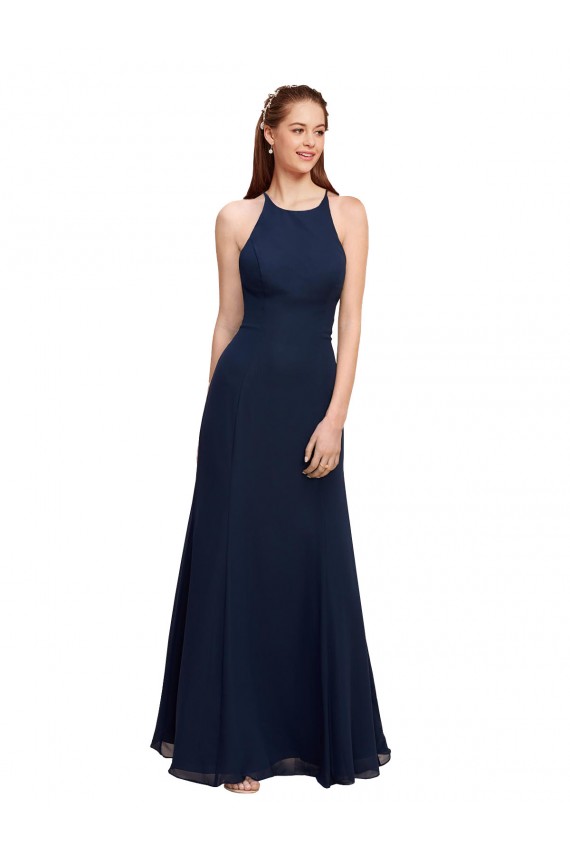 Bleu marine foncé Sirène Licou Col Haut Mousseline Longue Robes demoiselle d'honneur / Robes de bal Pas Cher