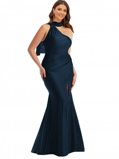 Bleu marine foncé Sirène Licou Satiné Soyeux Longue Formelles Robes demoiselle d'honneur / Robes de soirée / Robes de bal Pas Cher