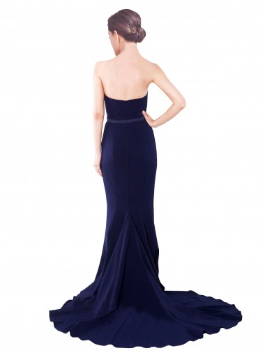 Bleu marine foncé Sirène Sans bretelle Balayage train Crêpe Stretch Longue Robes demoiselle d'honneur / Robes de bal