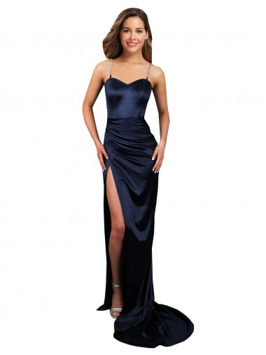 Bleu marine foncé Sirène Satiné Stretch Longue Formelles Robes demoiselle d'honneur / Robes de soirée / Robes de bal Pas Cher