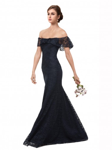 Bleu marine foncé Sirène Épaule Dénudée Dentelle Longue Robes demoiselle d'honneur / Robes de bal Pas Cher