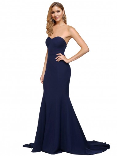 Bleu marine foncé Trapèze Balayage train Crêpe Stretch Longue Formelles Robes demoiselle d'honneur / Robes de soirée / Robes de bal Pas Cher