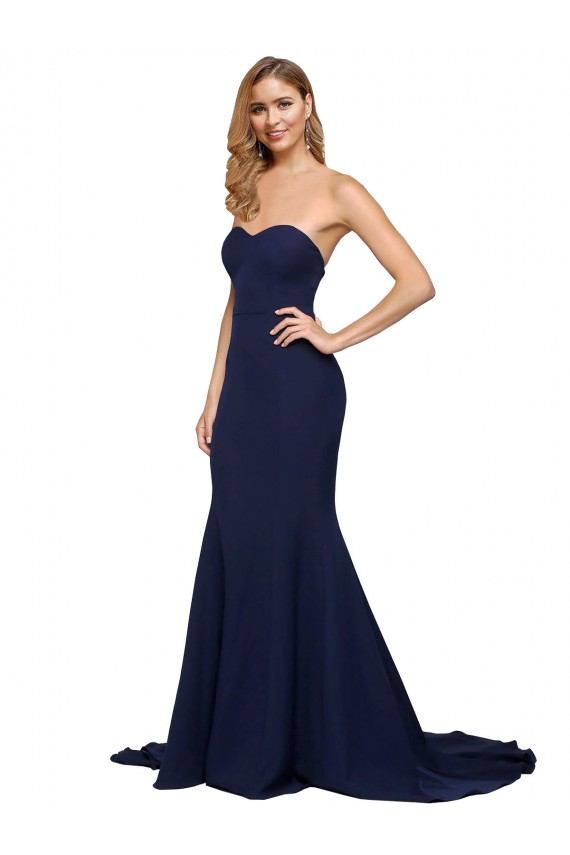 Bleu marine foncé Trapèze Balayage train Crêpe Stretch Longue Formelles Robes demoiselle d'honneur / Robes de soirée / Robes de bal Pas Cher