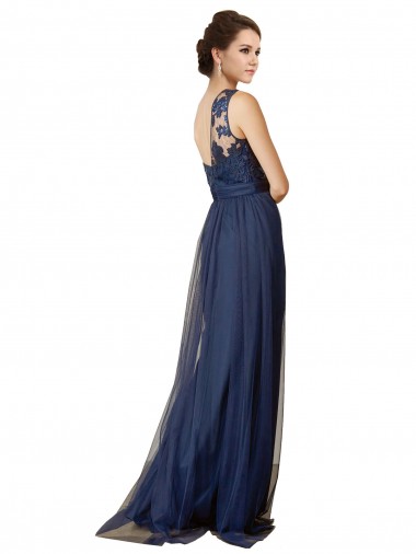 Bleu marine foncé Trapèze Balayage train Tulle Longue Robes demoiselle d'honneur
