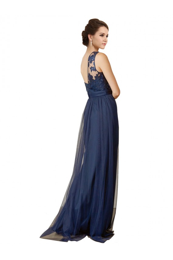 Bleu marine foncé Trapèze Balayage train Tulle Longue Robes demoiselle d'honneur Pas Cher