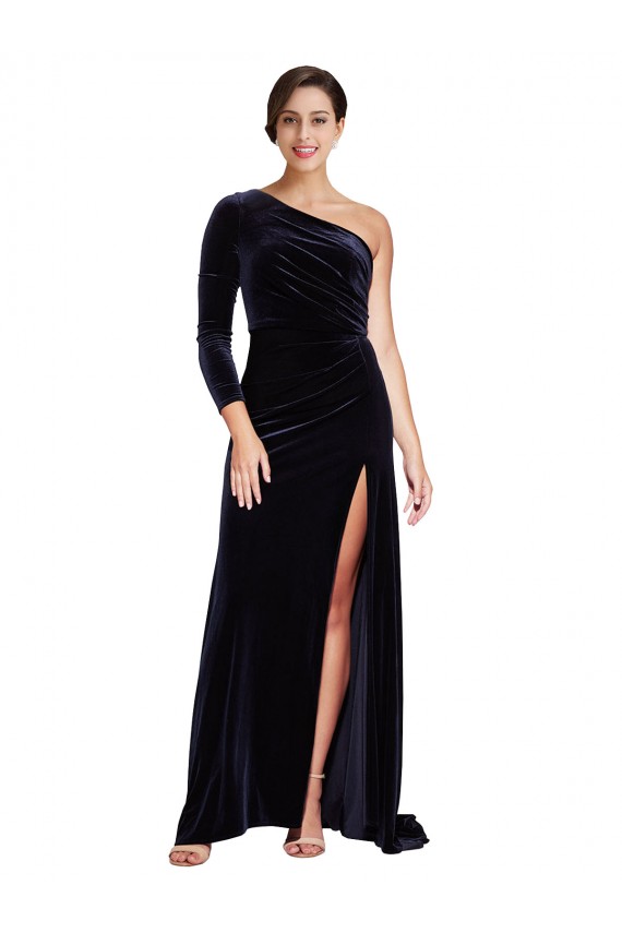 Bleu marine foncé Trapèze Balayage train Velours Stretch Longue Formelles Robes demoiselle d'honneur / Robes de soirée / Robes de bal Pas Cher