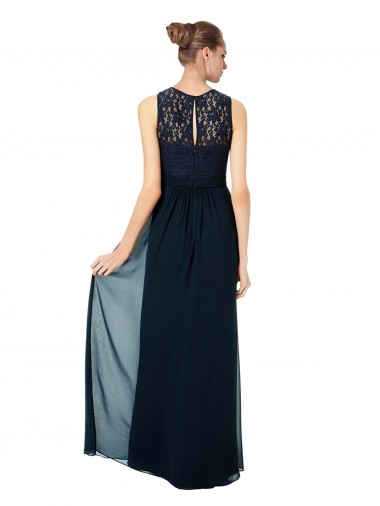 Bleu marine foncé Trapèze Bateau Illusion Mousseline Dentelle Longue Robes demoiselle d'honneur