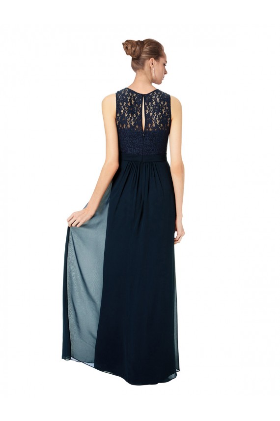 Bleu marine foncé Trapèze Bateau Illusion Mousseline Dentelle Longue Robes demoiselle d'honneur Pas Cher