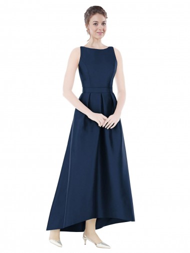 Bleu marine foncé Trapèze Bateau Satiné Longue Asymétrique Robes demoiselle d'honneur Pas Cher