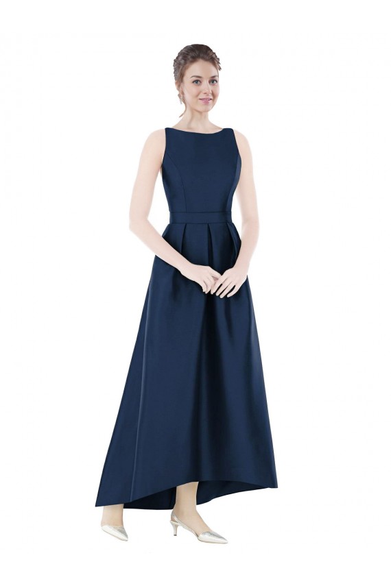 Bleu marine foncé Trapèze Bateau Satiné Longue Asymétrique Robes demoiselle d'honneur Pas Cher