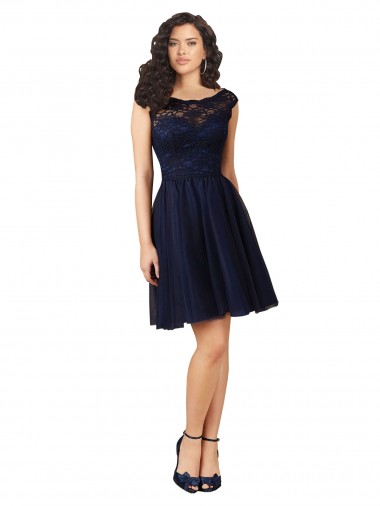 Bleu marine foncé Trapèze Bateau Tulle Dentelle Courte Robes demoiselle d'honneur / Robes de cocktail Pas Cher