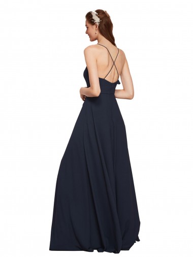 Bleu marine foncé Trapèze Bretelles spaghetti Col V Mousseline Longue Robes demoiselle d'honneur