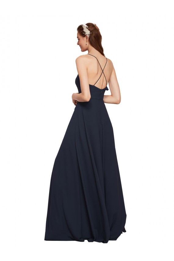 Bleu marine foncé Trapèze Bretelles spaghetti Col V Mousseline Longue Robes demoiselle d'honneur Pas Cher