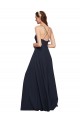Bleu marine foncé Trapèze Bretelles spaghetti Col V Mousseline Longue Robes demoiselle d'honneur Pas Cher