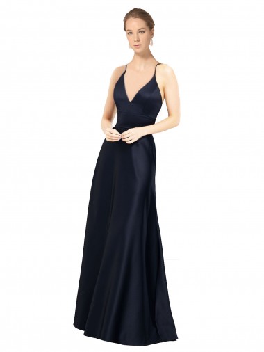 Bleu marine foncé Trapèze Bretelles spaghetti Col V Satiné Longue Robes demoiselle d'honneur / Robes de bal Pas Cher