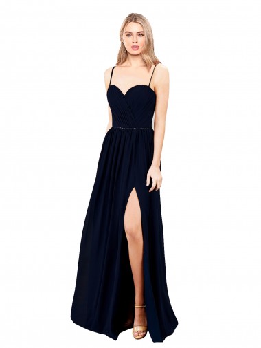 Bleu marine foncé Trapèze Bretelles spaghetti Mousseline Longue Formelles Robes demoiselle d'honneur / Robes de soirée Pas Cher