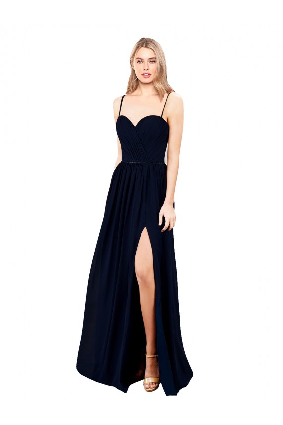 Bleu marine foncé Trapèze Bretelles spaghetti Mousseline Longue Formelles Robes demoiselle d'honneur / Robes de soirée Pas Cher