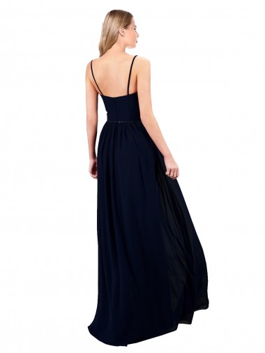 Bleu marine foncé Trapèze Bretelles spaghetti Mousseline Longue Formelles Robes demoiselle d'honneur / Robes de soirée