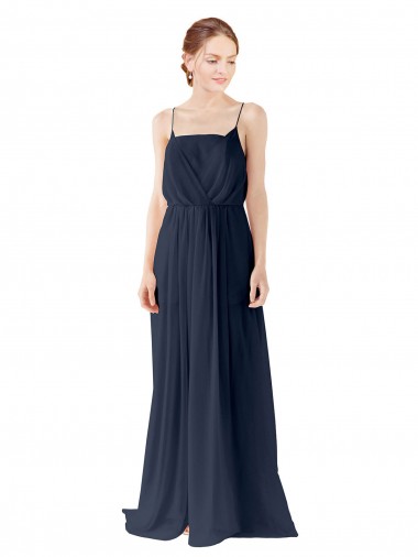 Bleu marine foncé Trapèze Bretelles spaghetti Mousseline Longue Robes demoiselle d'honneur Pas Cher