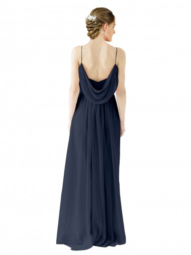Bleu marine foncé Trapèze Bretelles spaghetti Mousseline Longue Robes demoiselle d'honneur