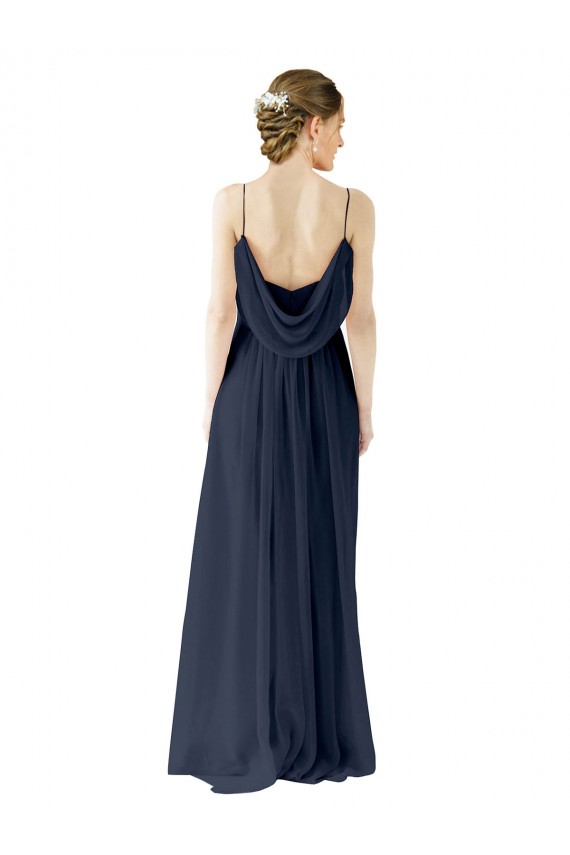 Bleu marine foncé Trapèze Bretelles spaghetti Mousseline Longue Robes demoiselle d'honneur Pas Cher