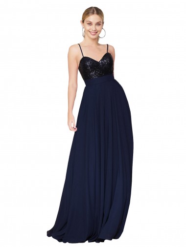 Bleu marine foncé Trapèze Bretelles spaghetti Mousseline Paillette Longue Robes demoiselle d'honneur / Robes de bal Pas Cher