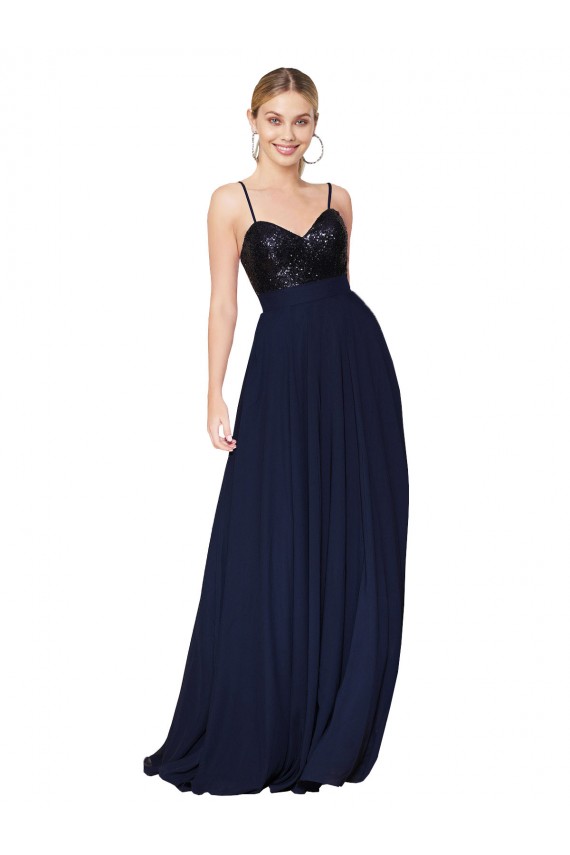 Bleu marine foncé Trapèze Bretelles spaghetti Mousseline Paillette Longue Robes demoiselle d'honneur / Robes de bal Pas Cher