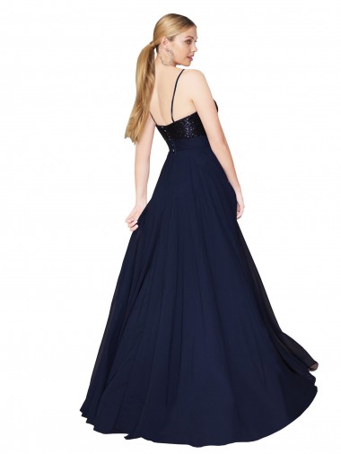 Bleu marine foncé Trapèze Bretelles spaghetti Mousseline Paillette Longue Robes demoiselle d'honneur / Robes de bal