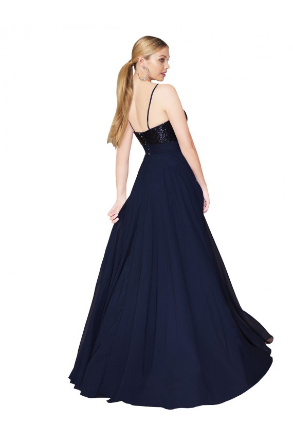 Bleu marine foncé Trapèze Bretelles spaghetti Mousseline Paillette Longue Robes demoiselle d'honneur / Robes de bal Pas Cher