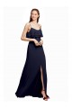 Bleu marine foncé Trapèze Bretelles spaghetti Scoop Mousseline Longue Robes demoiselle d'honneur Pas Cher