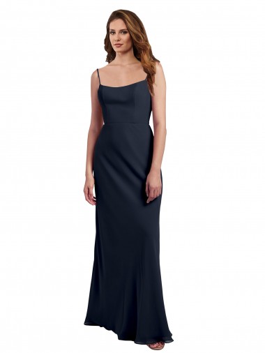 Bleu marine foncé Trapèze Bretelles spaghetti Scoop Mousseline Longue Robes demoiselle d'honneur Pas Cher