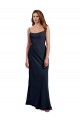 Bleu marine foncé Trapèze Bretelles spaghetti Scoop Mousseline Longue Robes demoiselle d'honneur Pas Cher