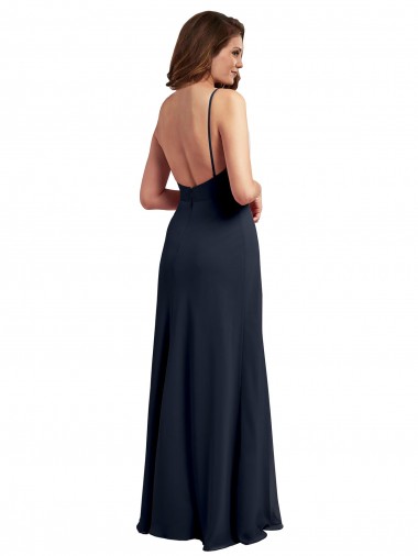 Bleu marine foncé Trapèze Bretelles spaghetti Scoop Mousseline Longue Robes demoiselle d'honneur