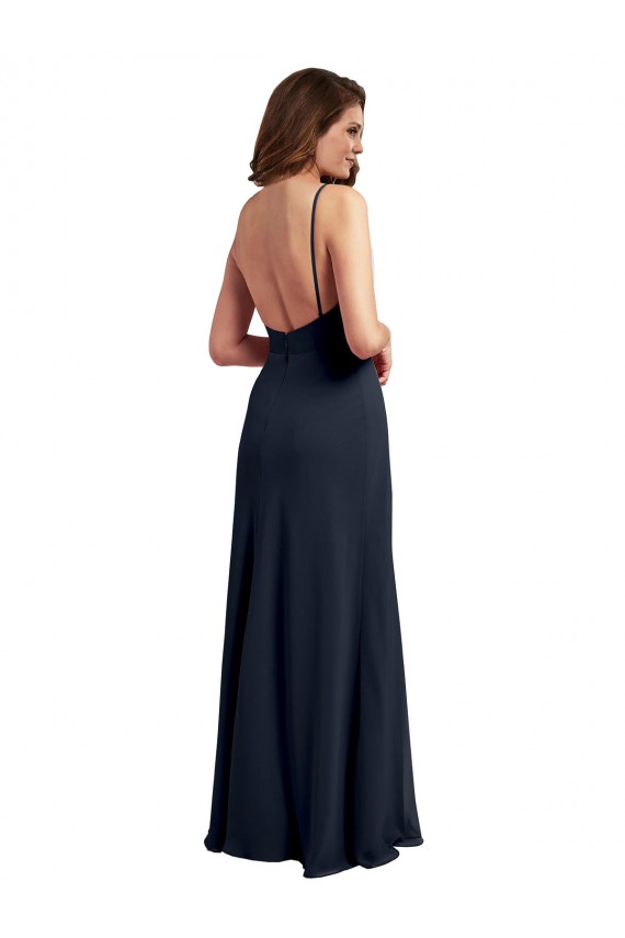 Bleu marine foncé Trapèze Bretelles spaghetti Scoop Mousseline Longue Robes demoiselle d'honneur Pas Cher
